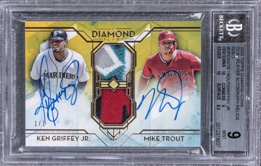 2020 Topps "Diamond Icons" Gold #DPDA-GTR Mike Trout/Ken Griffey Jr. Dual Signed Game Used Patch Card (#1/1) – BGS MINT 9/BGS 10
